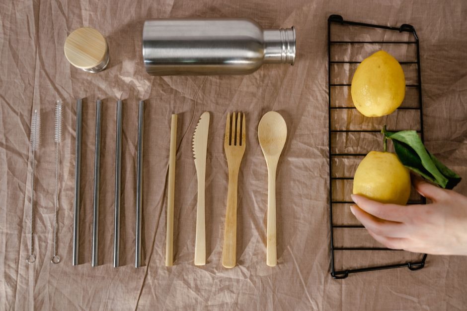 Simple kitchen tools arranged clearly on a work surface.
