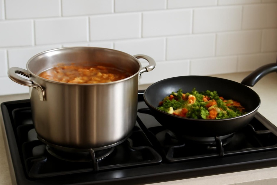 Two pots on a stove, one simmering a large batch and one with a quick sauté