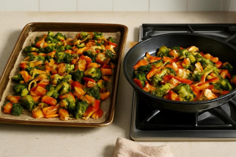 A sheet pan with roasted vegetables and a skillet with stir-fry on a stovetop